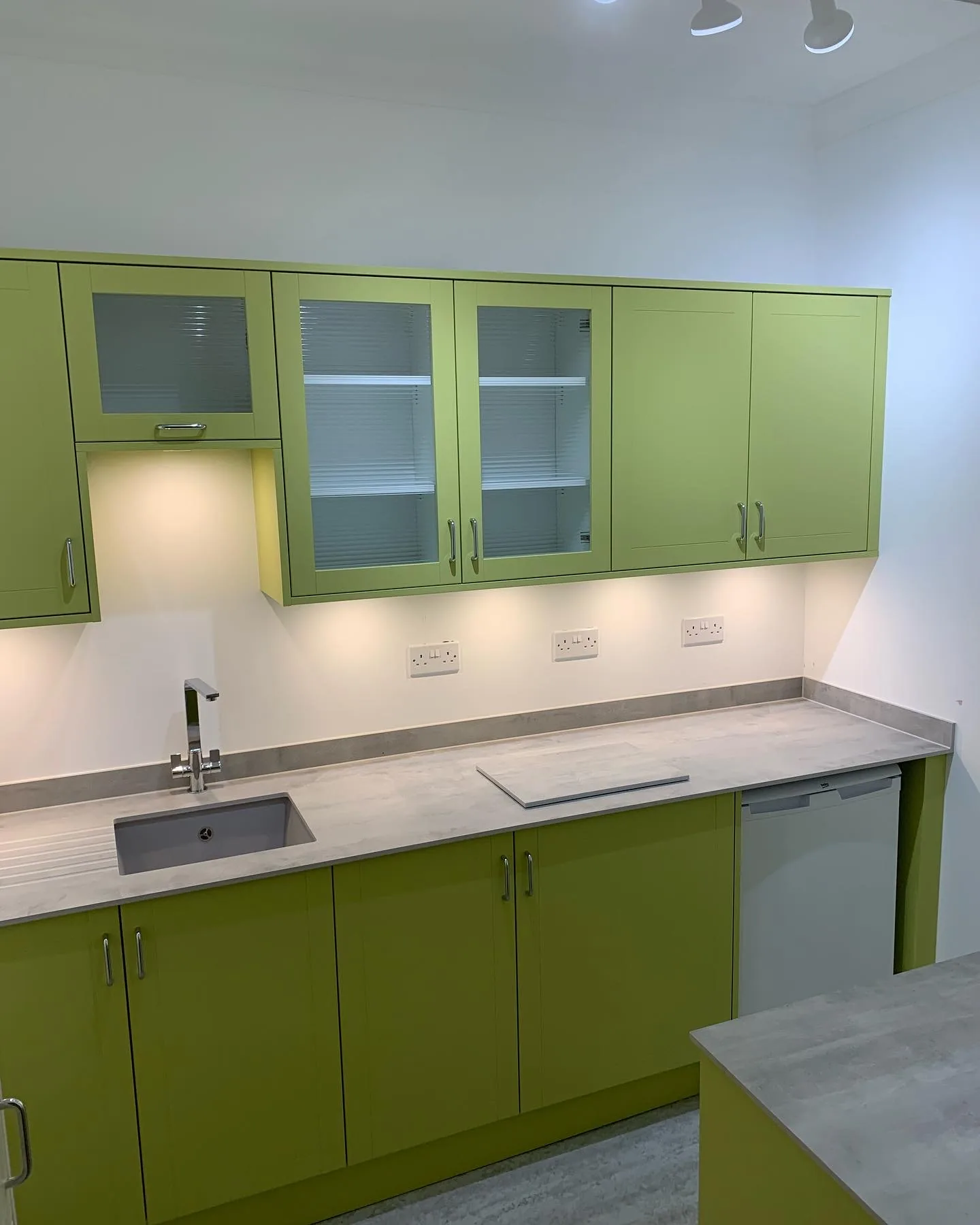 Sprayed slab-door kitchen in a deep colour with contrasting handles